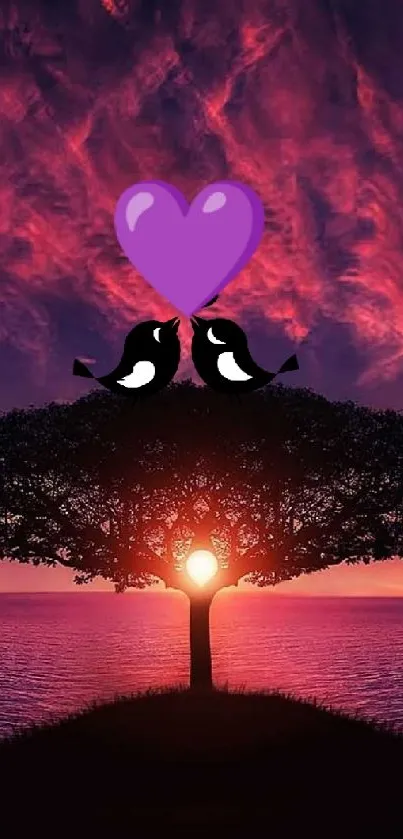 Silhouette of a tree with birds and heart against a purple sunset sky.