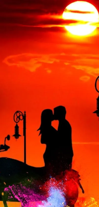 Silhouetted couple kissing at sunset with vibrant orange background.