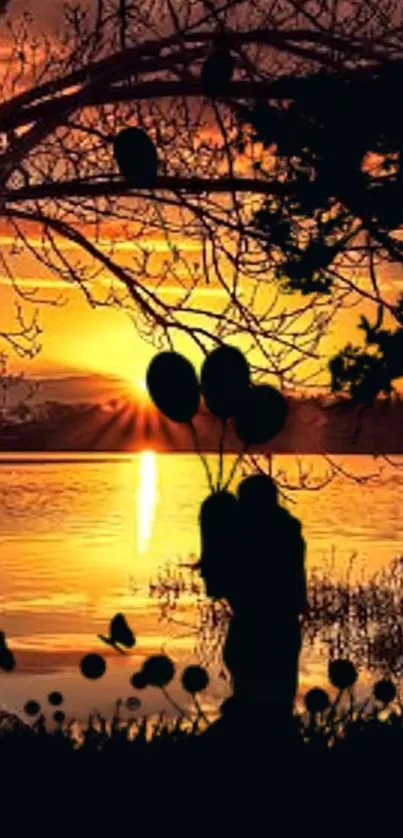 Romantic couple silhouette at sunset by the lake, surrounded by nature.