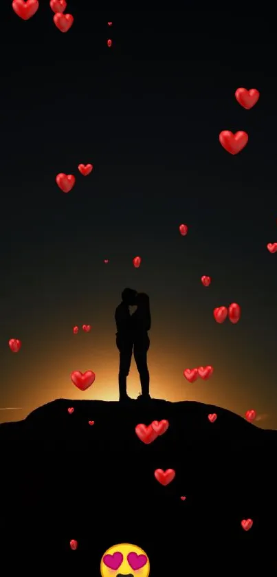 Silhouette of couple at sunset with a heart-eyed emoji.