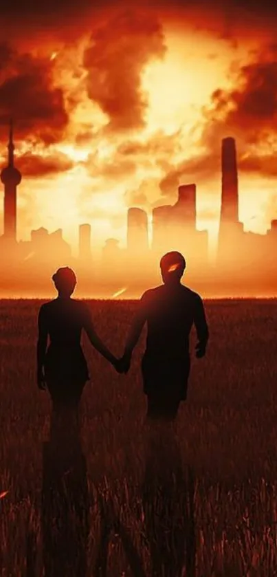 Silhouette of a couple walking towards a sunset with city skyline in the background.