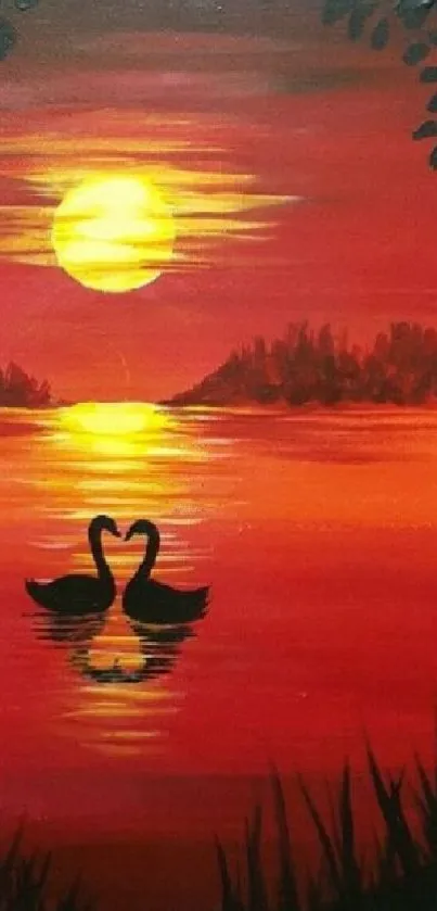 Romantic sunset with swans on a lake, vibrant red and orange hues.