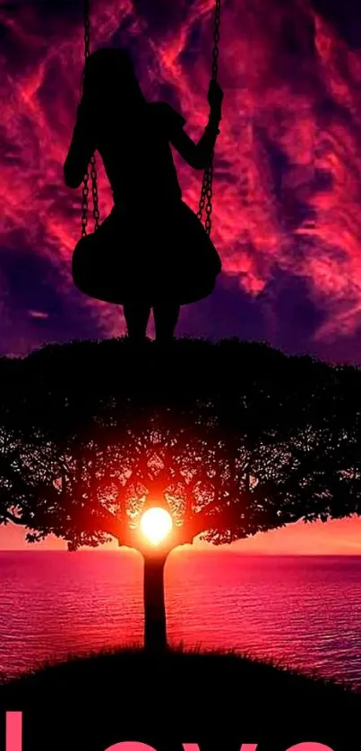 Silhouette on a swing against a pink sunset with 'Love' text.