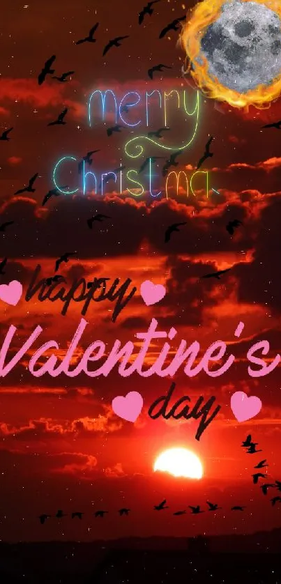 Romantic Valentine's Day sunset wallpaper with love-themed elements.