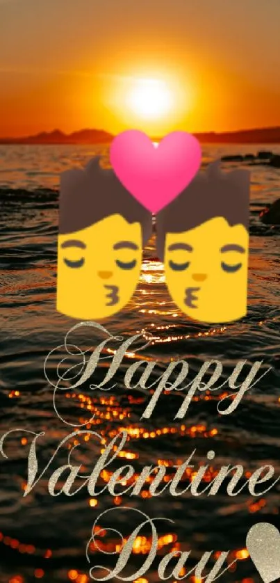 Romantic sunset wallpaper with kissing emojis and Valentine's text.