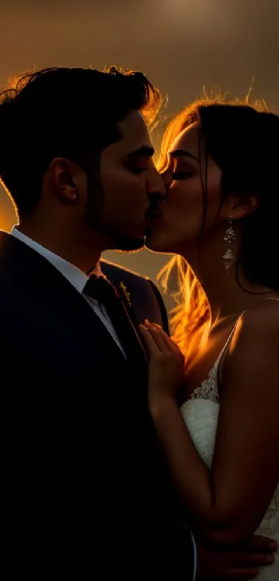 Couple sharing a sunset kiss in warm, romantic lighting.