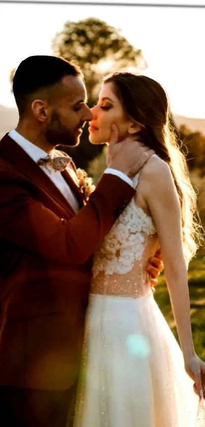 A romantic couple embracing at sunset, perfect wedding wallpaper.