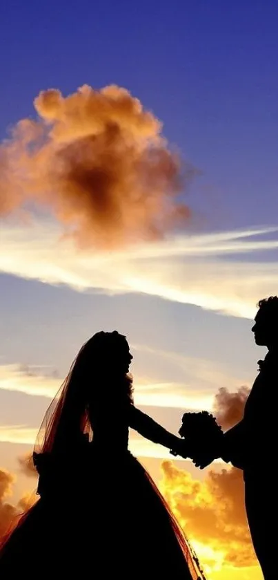 Silhouette of couple in sunset wedding scene.