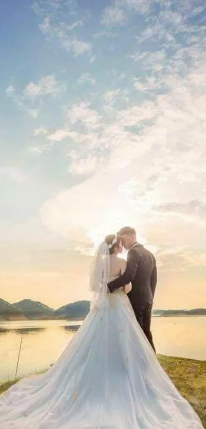 Romantic couple embraces by a serene sunset lake.