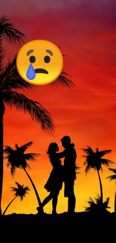 Silhouetted couple under palm trees with a vivid sunset backdrop.