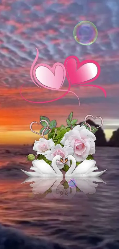 Romantic sunset wallpaper with swans, roses, and hearts over water.