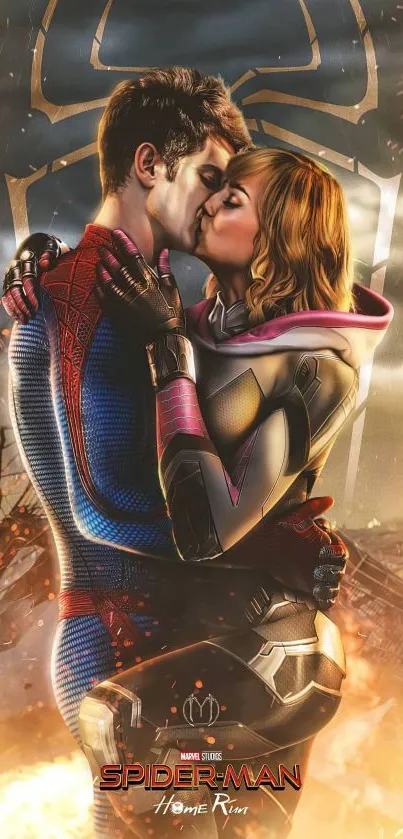 Superhero couple in romantic embrace with city backdrop.