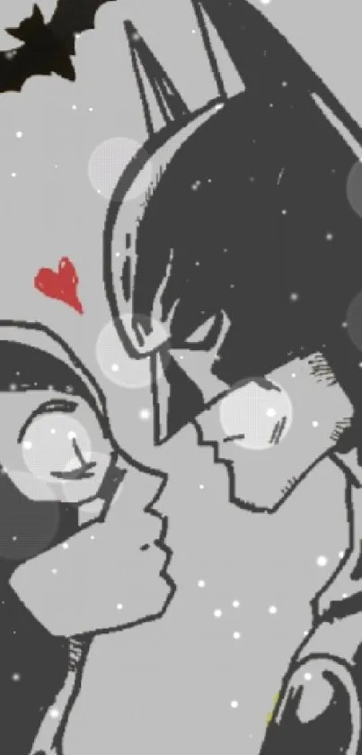 Black and white superhero romantic sketch wallpaper for mobile.