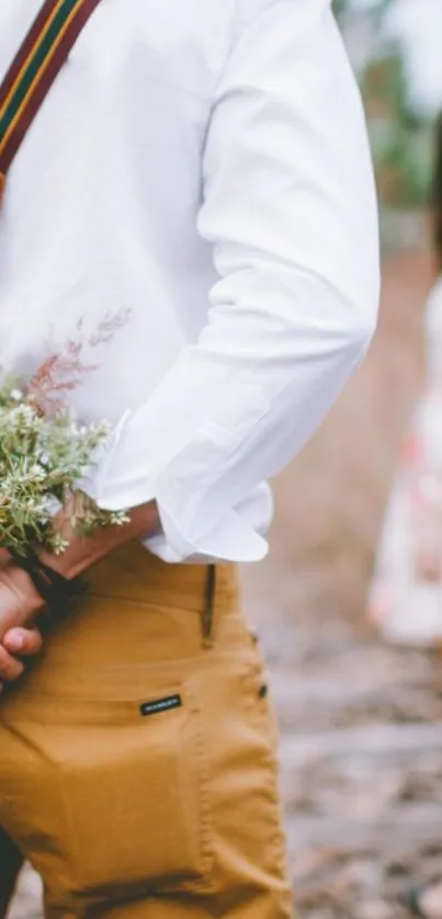 Person holding flowers behind back, romantic setting.