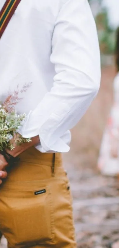 Romantic couple with hidden flowers in an outdoor setting.