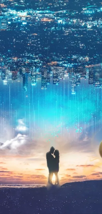 Romantic couple under surreal night sky with city and planets.