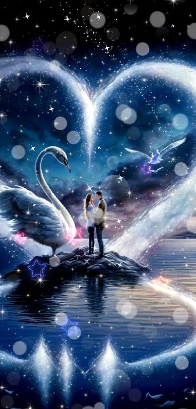 Romantic swan fantasy wallpaper with heart shape and couple on an island.