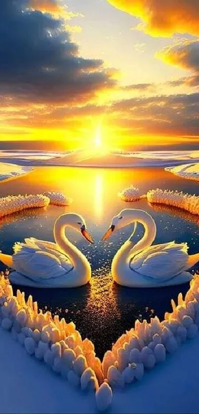 Heart-shaped swans at sunset in vibrant yellow and blue hues.