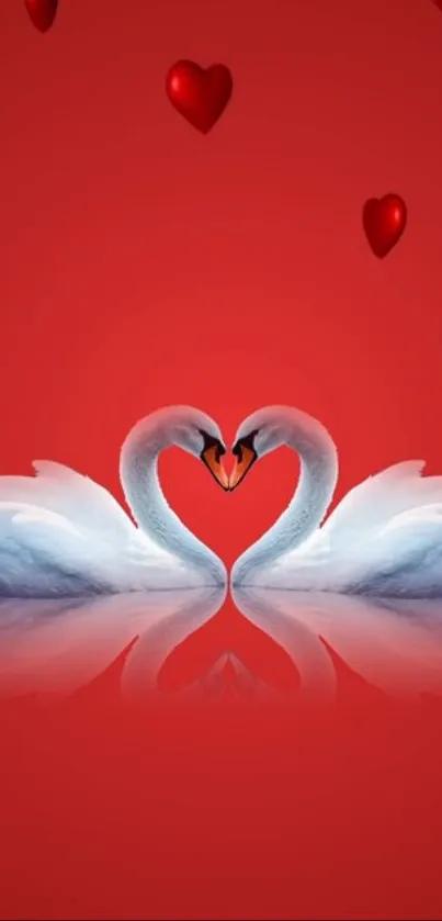 Two swans form a heart on red background with floating hearts.