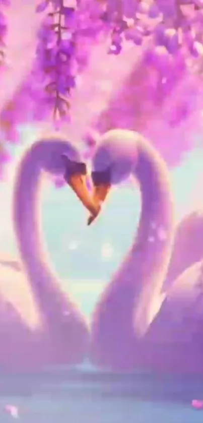 Romantic scene of two swans forming a heart under pink blossoms.