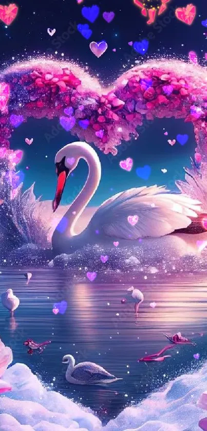 Swan with pink floral heart on a tranquil water background.