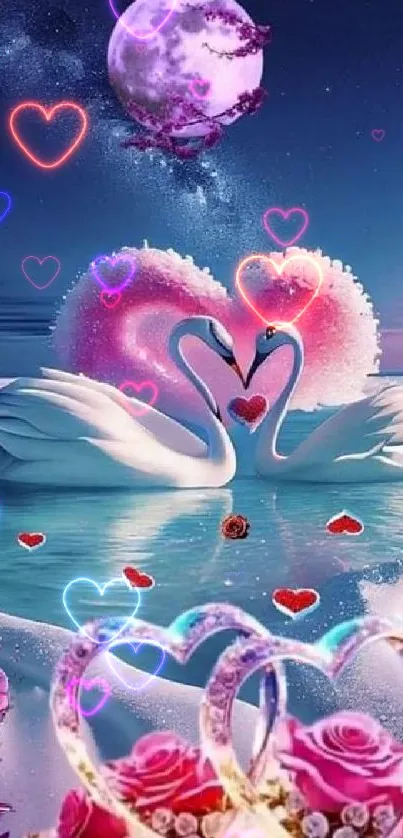 Romantic swans form heart surrounded by roses and a pink moon.