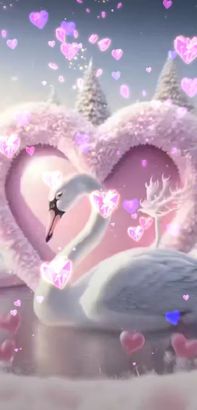 Swan swimming in a pink heart-shaped winter wonderland.