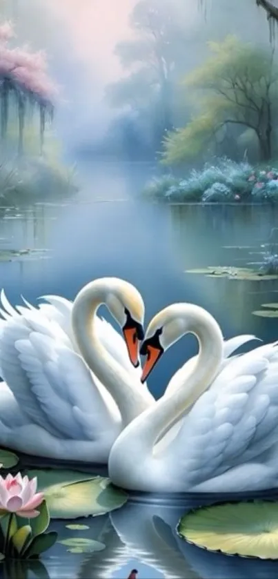 Two swans gracefully float on a serene lake amid a mystical forest.