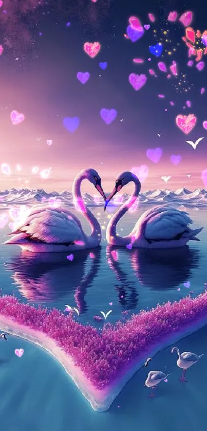 Romantic swans on a lake during sunset with a heart-shaped island in vibrant hues.