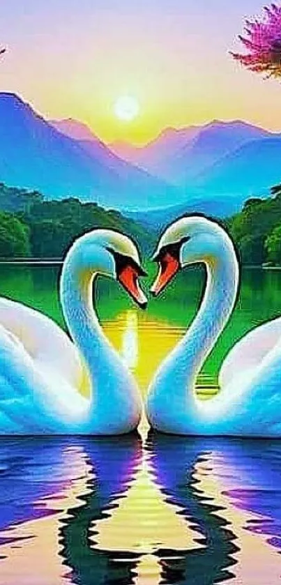 Romantic swans on a vibrant lake at sunset.