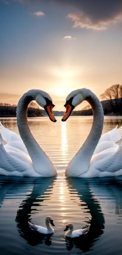 Swans gracefully mirrored on tranquil lake at sunset.