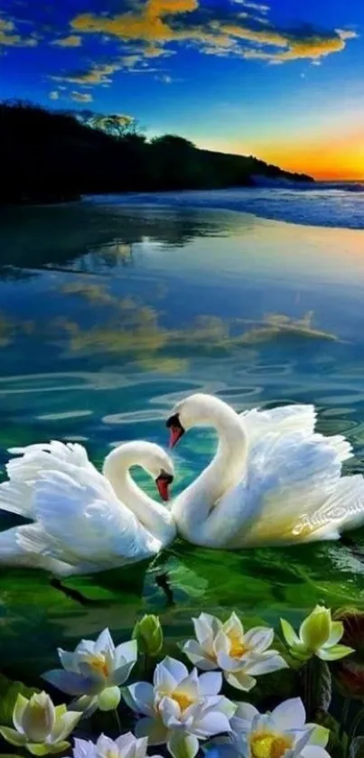 Romantic swans on lake during sunset, with serene water lilies and scenic backdrop.