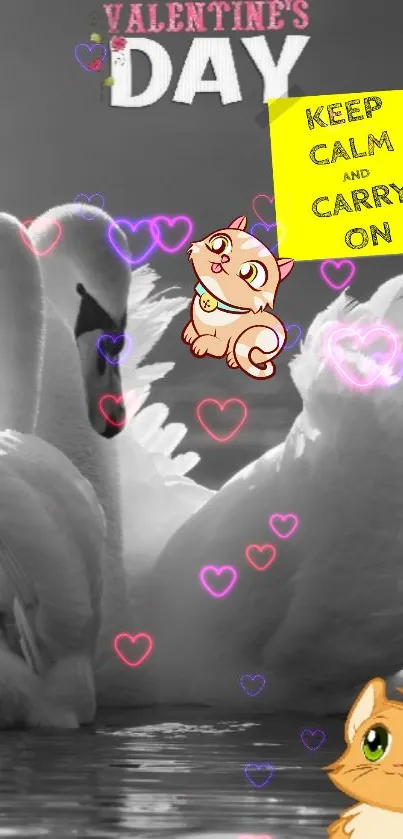 Romantic swan wallpaper with hearts and cartoon kittens, perfect for Valentine's Day.
