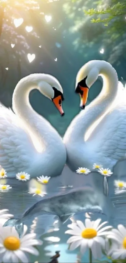 Elegant swans with daisies on a serene pond in nature.
