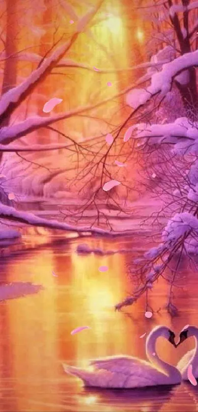 Two swans on a serene river at sunset with purple snow-covered trees.