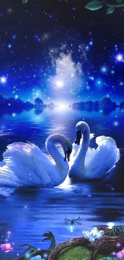 Romantic swans under a starlit night sky, creating a serene scene.