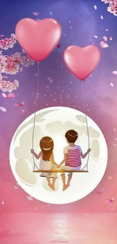 Couple on swing with heart balloons under moonlight.