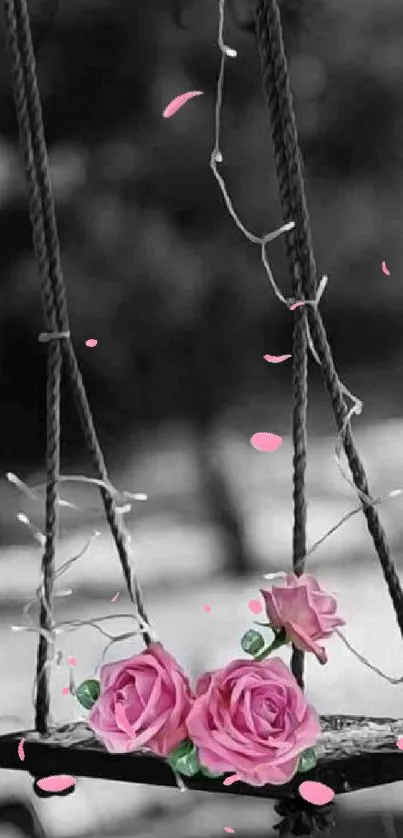 Swing with pink roses in monochrome background wallpaper.