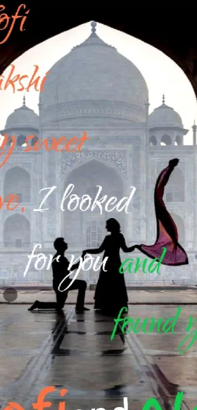 Taj Mahal couple silhouette with romantic text.