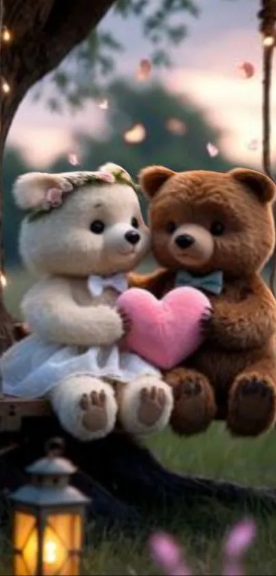 Teddy bear couple with pink heart on a swing.