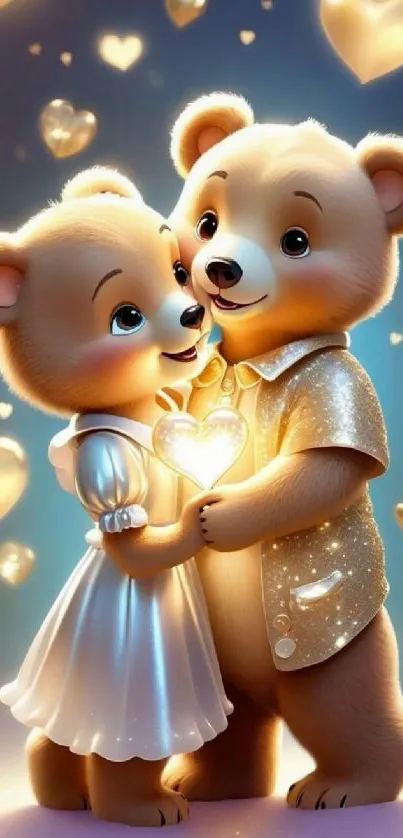 Cute teddy bear couple with glowing hearts.