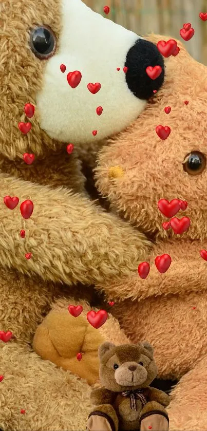 Teddy bears hugging with heart balloons.