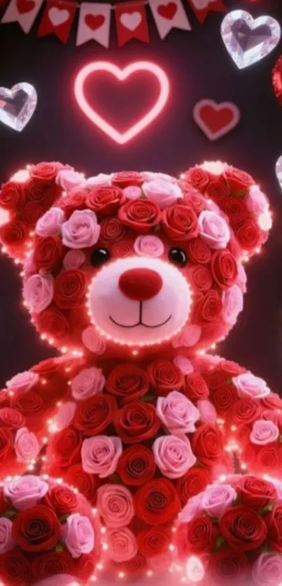 Teddy bear covered in roses with heart decorations.