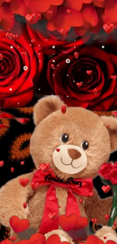 Romantic teddy bear with roses and hearts wallpaper.