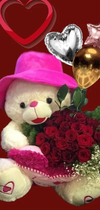 Cute teddy bear with roses and balloons on a deep red background.