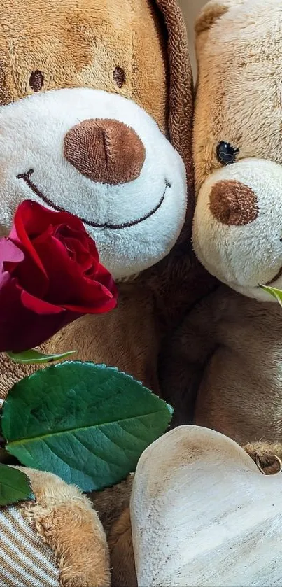 Teddy bears holding red roses with a wooden heart.