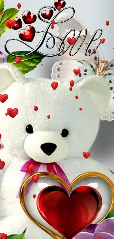 Teddy bear with red hearts and floral decor on a romantic wallpaper.