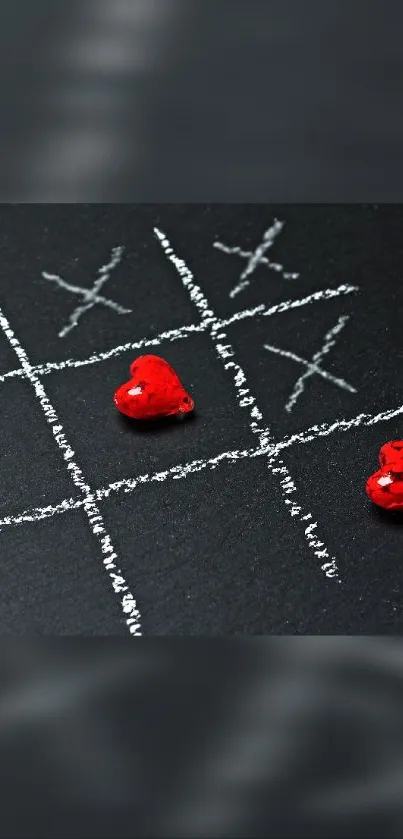 Dark tic-tac-toe board with red hearts on phone wallpaper.