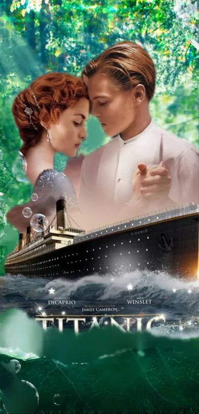 Titanic movie scene with romantic couple and ship in a green forest background.