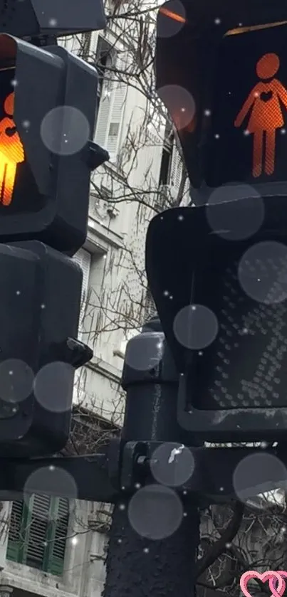 Heart-themed pedestrian lights in an urban setting with bokeh effects.